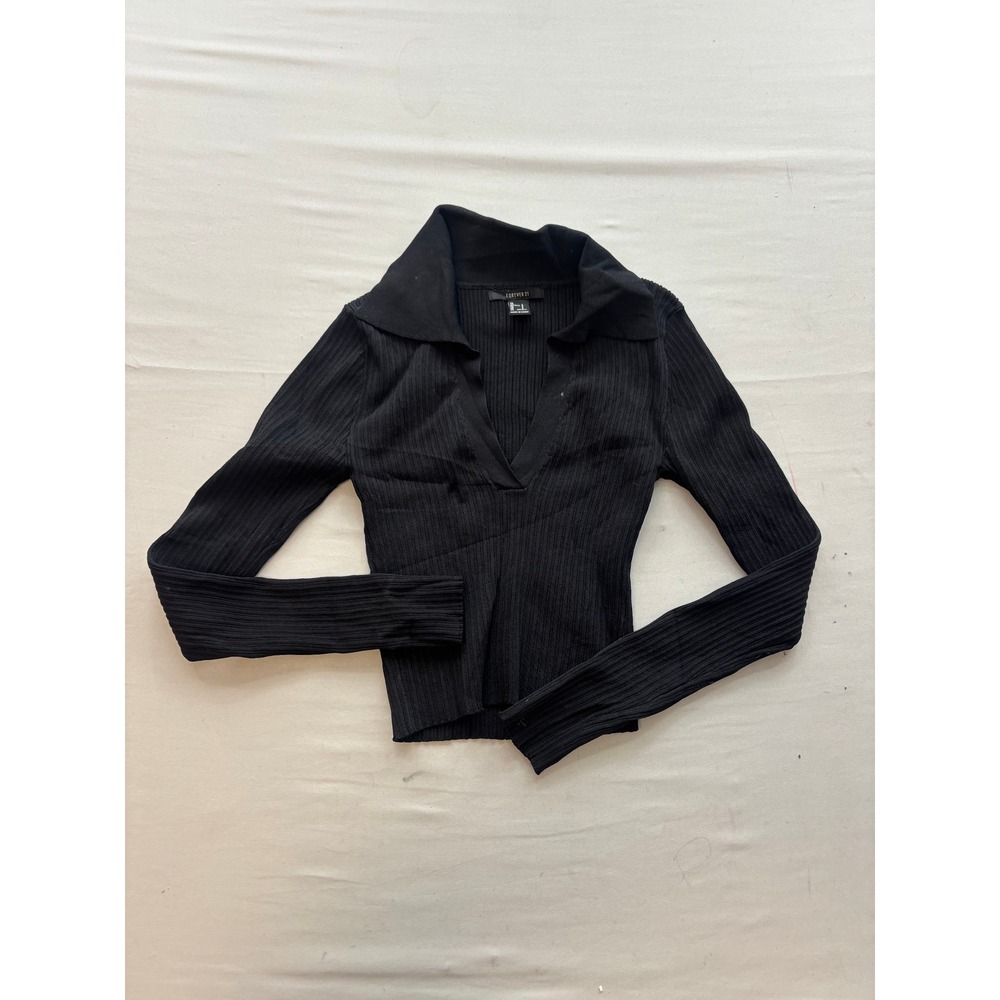 Forever 21 Womens Ribbed Knit V-Neck Collared Long Sleeve Top Black Small